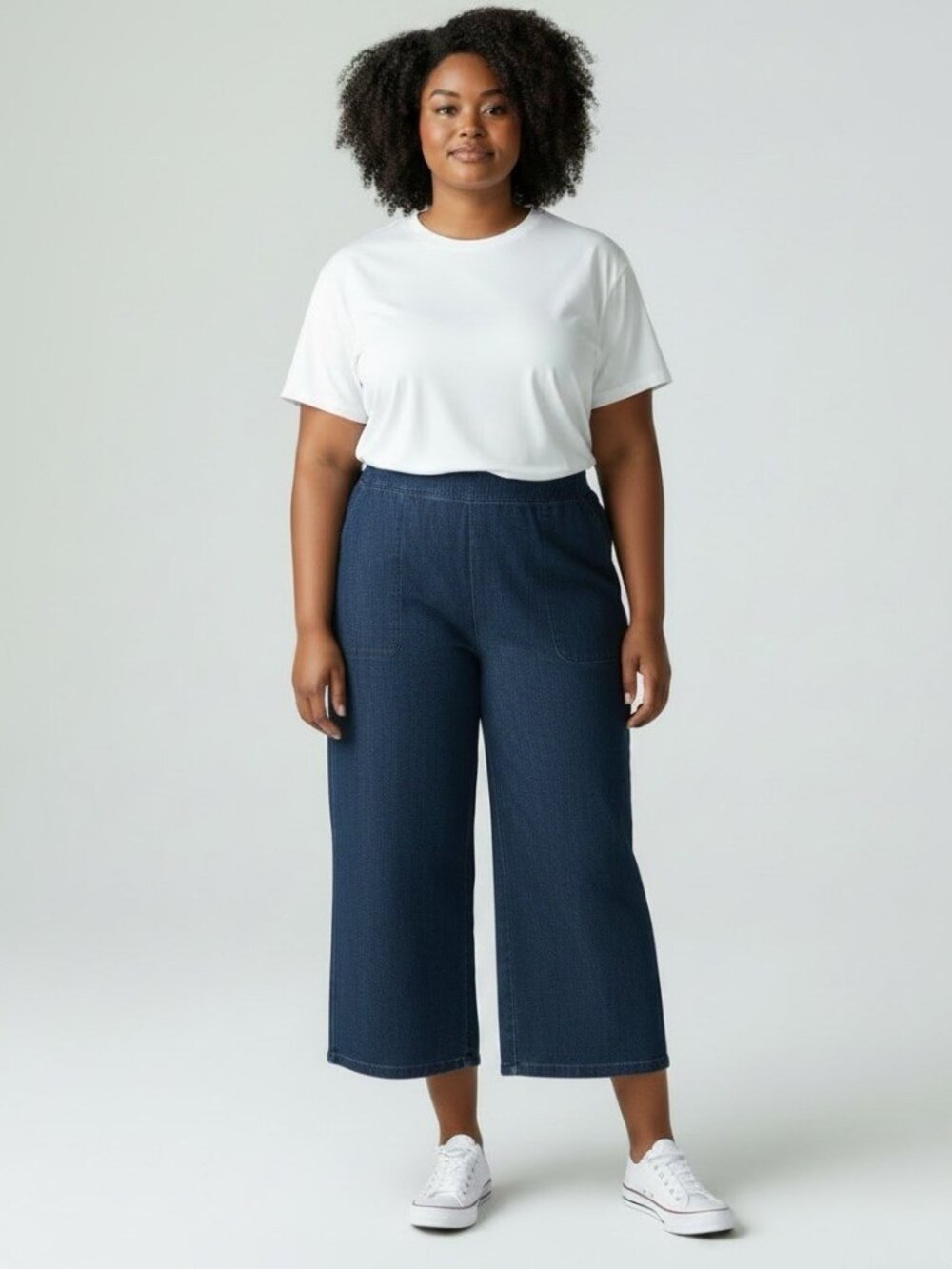 Lisa Bayne Dream Knit Denim Utility Wide Leg Pants Size L Large Blue Cropped